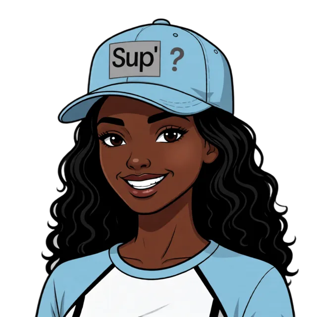 Amani, a young woman with long curly black hair wearing a light blue cap that reads Sup'?