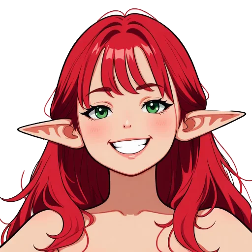Bonbon, a red-haired demon with long pointed ears and green eyes, beaming a wide open smile