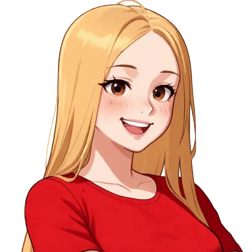 Cindy, a cheerful blonde woman in a white tee, laughing with her eyes closed