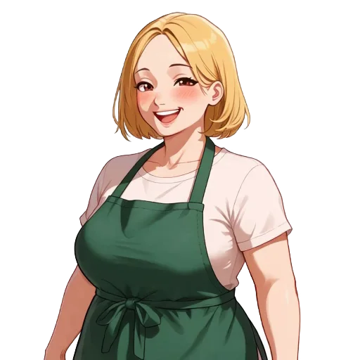 Mona, a blonde woman in a green apron over a white shirt, laughing warmly