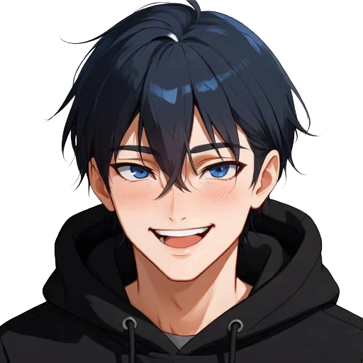 The player character, a young man with tousled dark hair in a black hoodie, smiling confidently