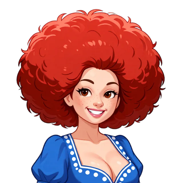 Suzie, a woman with a huge red afro in a blue polka-dot dress, grinning brightly