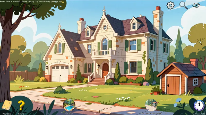A sunlit cartoon mansion with green shutters, a stone path leading to the front steps, and a small red shed beside it