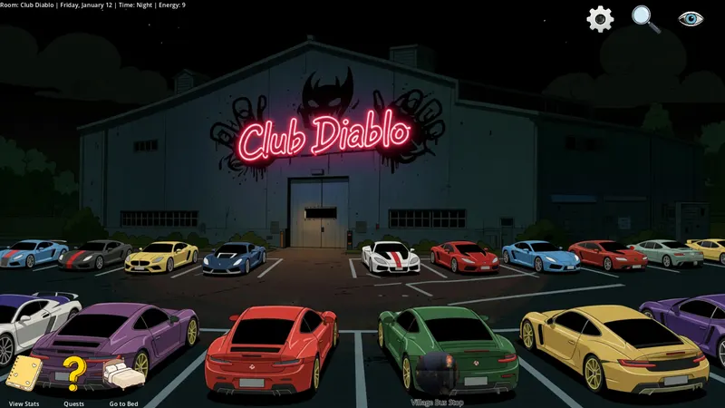A warehouse club at night with a red neon 'Club Diablo' sign and a parking lot full of colorful sports cars