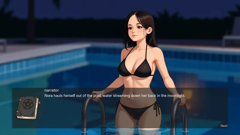 Nora in a black bikini climbs out of the pool at night under the moonlight